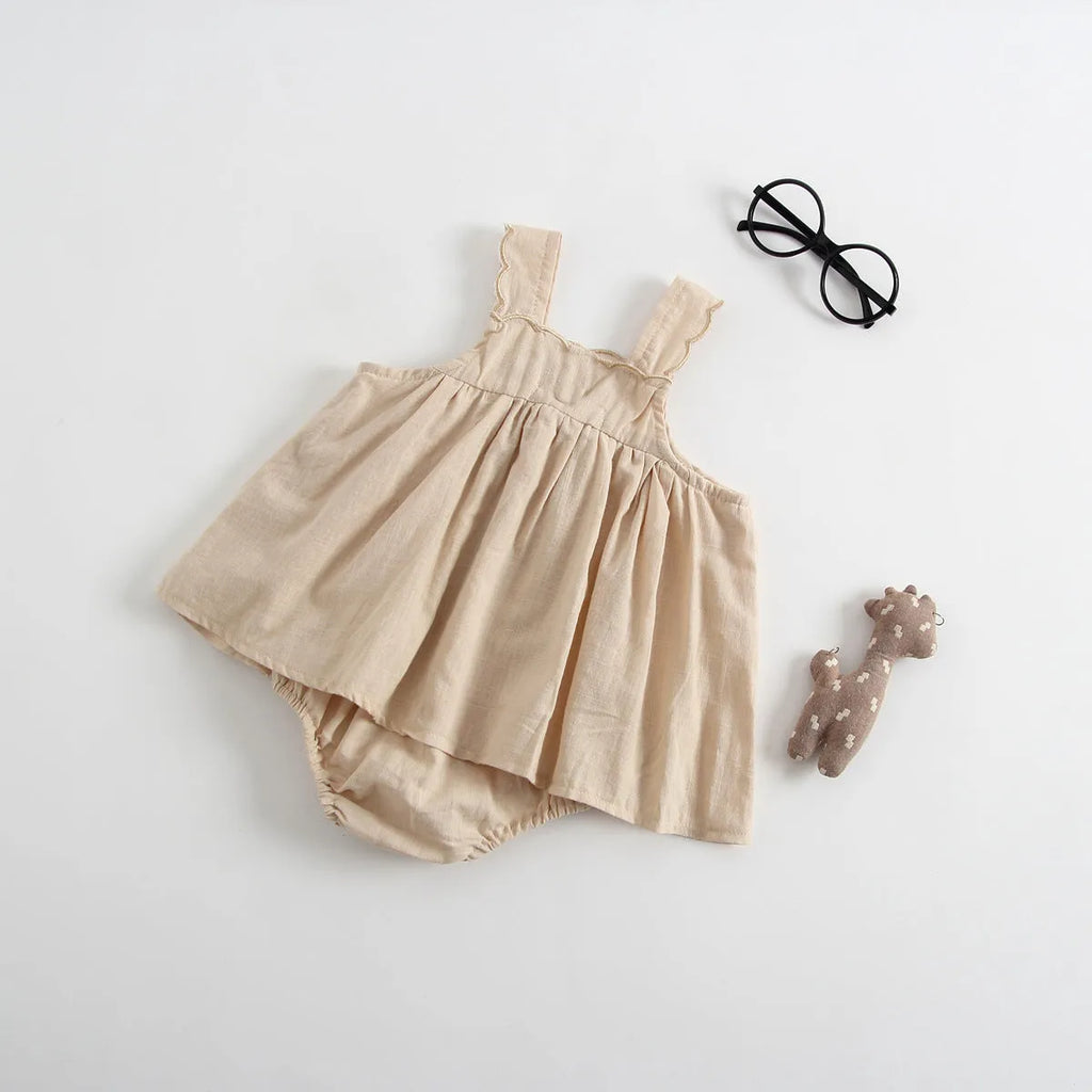 Baby romper princess dress jumpsuit with suspenders in white cotton for summer, suitable for 66cm to 100cm height