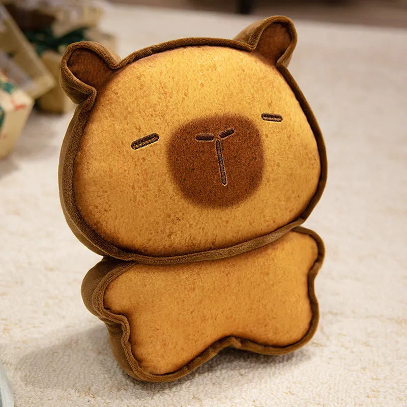 Toast kitty plush toy in caramel or light brown with soft PP cotton filling, available in 17cm, 30cm, and 50cm heights.