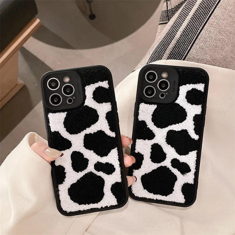 Towel embroidered black cow pattern plush back cover phone case for iPhone, Japanese Korean style