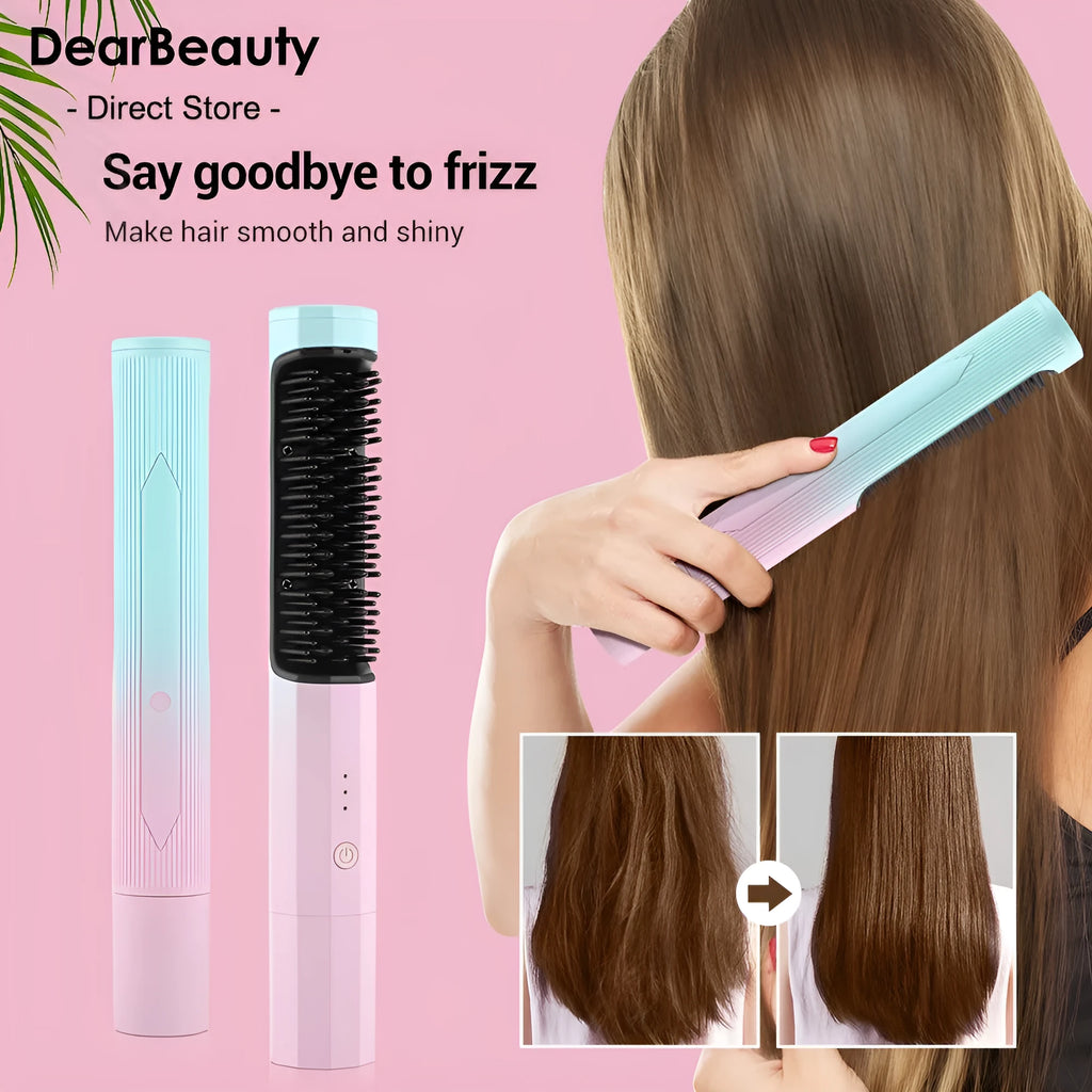 Cordless straightening comb in pink with anti-scald design, 4000mAh battery, and USB charging cable