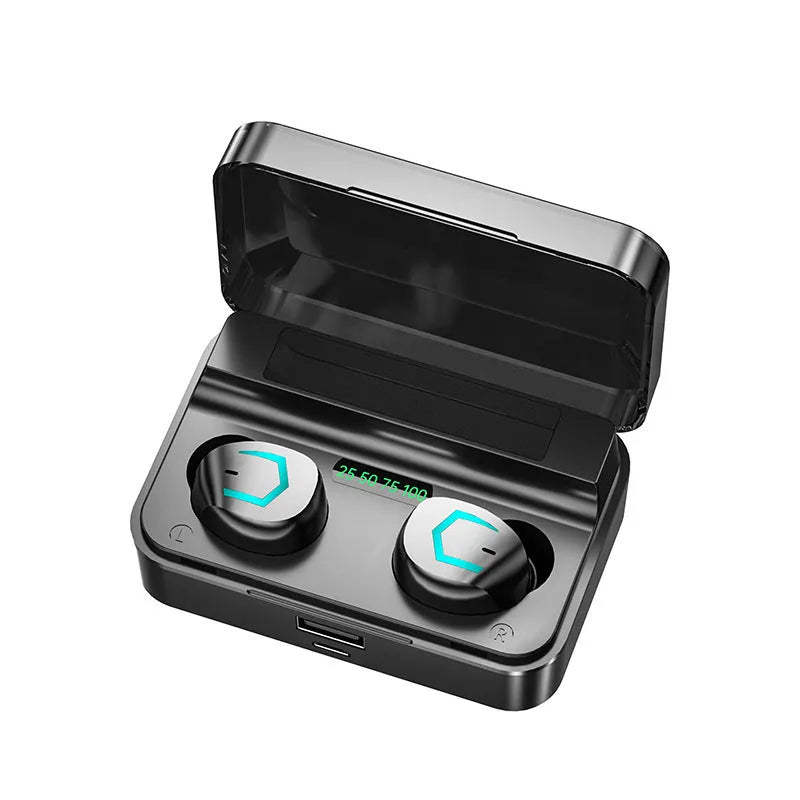 F9 Smile wireless Bluetooth earbuds in black with touch fingerprint design and power display
