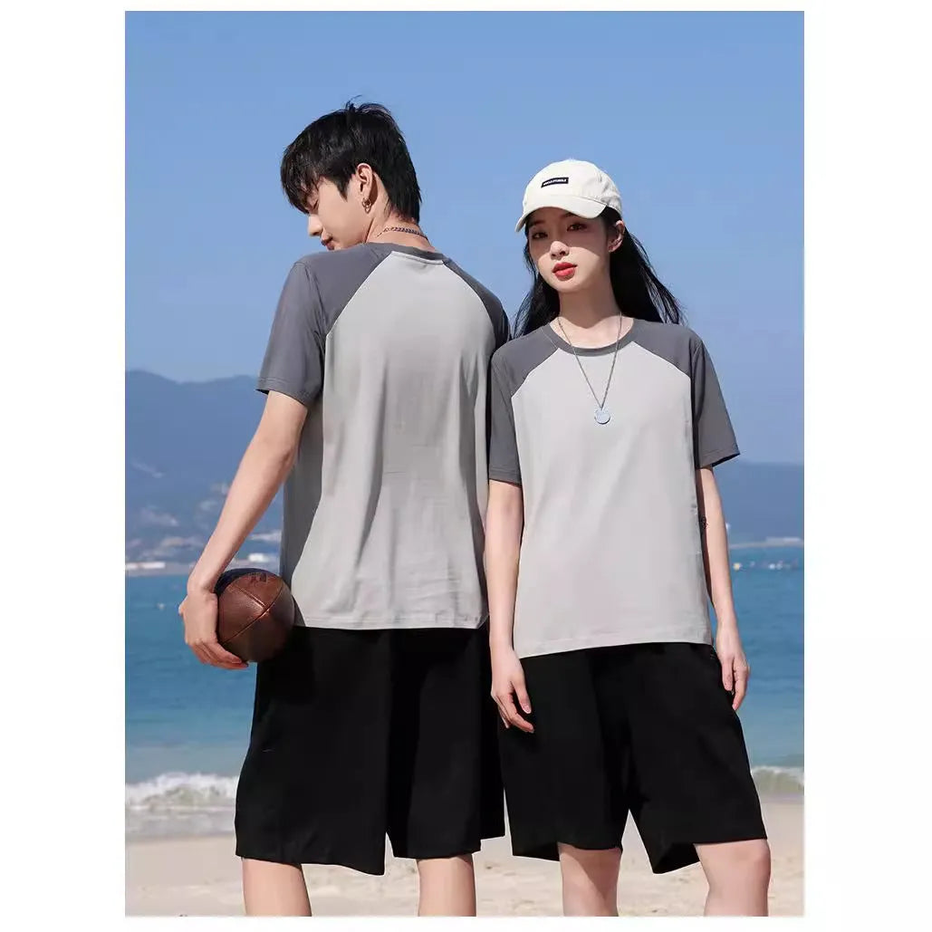 Round neck cotton blend T-shirt in loose pullover style for work printing, shown in a colour option