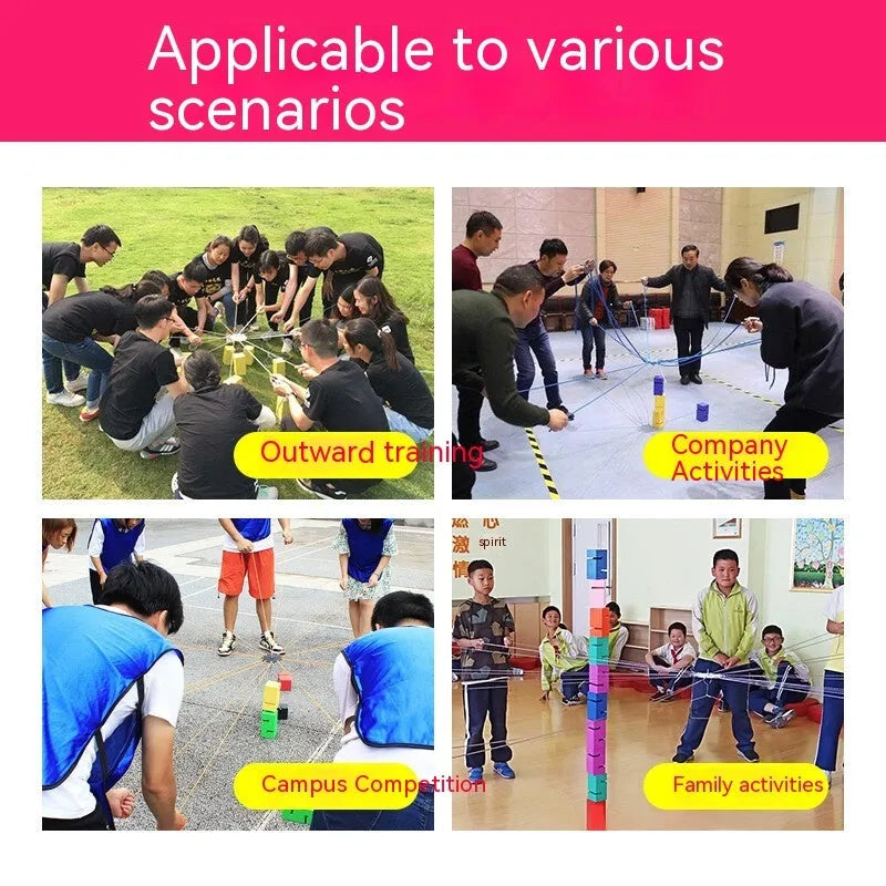 Team building game equipment with ABS plastic tower blocks and pull ropes for group collaboration challenges