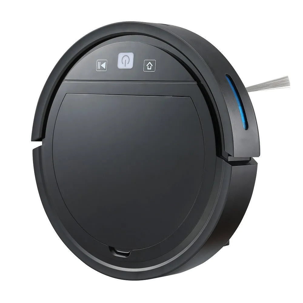 Automatic recharge vacuum cleaner in black with remote control, covering 70–90 sq m