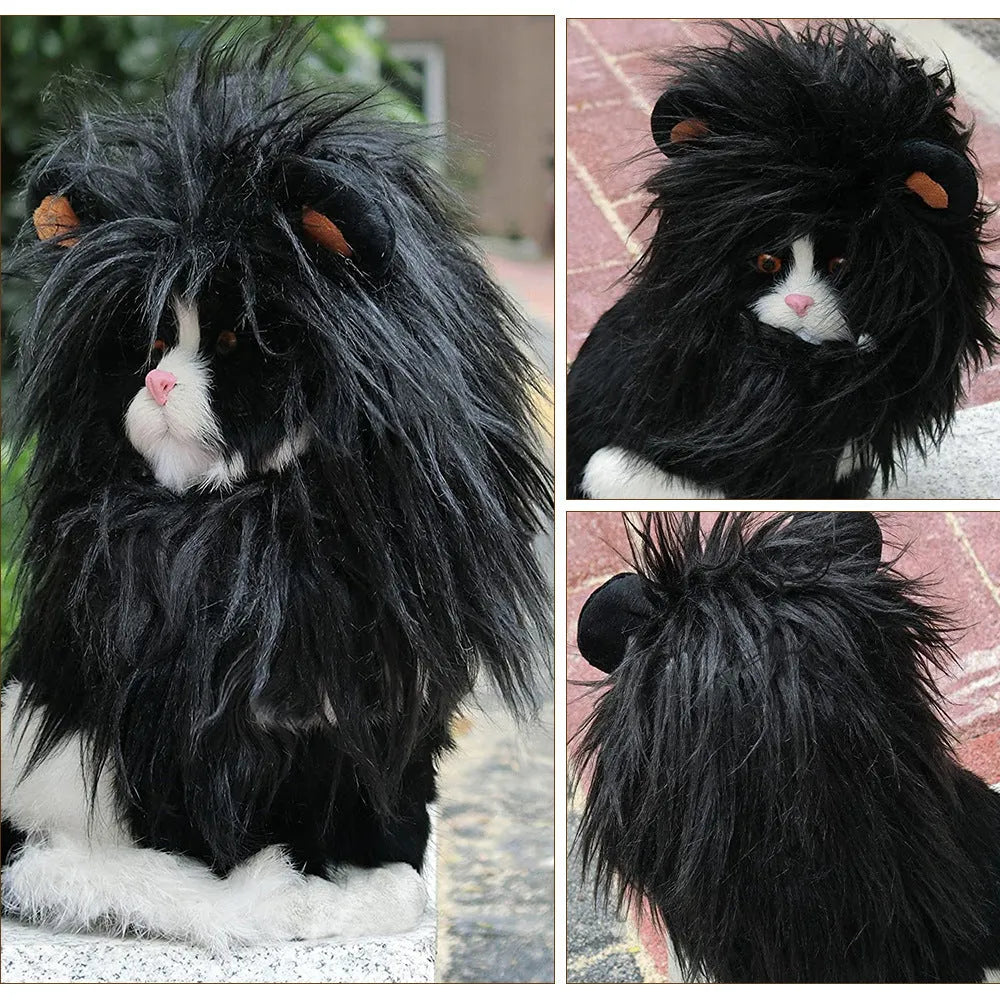 Black and white lion wig headgear for a cat, showing the soft polyester mane and elastic strap.