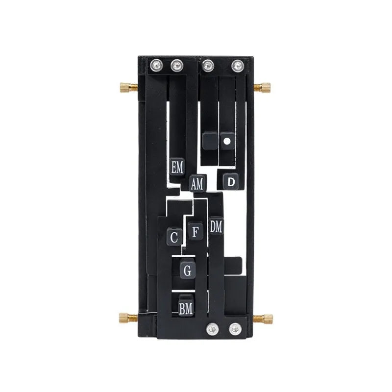 Black automatic chord practice device for novice guitar players attached to acoustic guitar