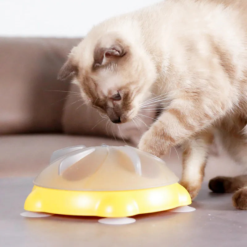 Yellow cat food puzzle toy with five compartments for slow feeding