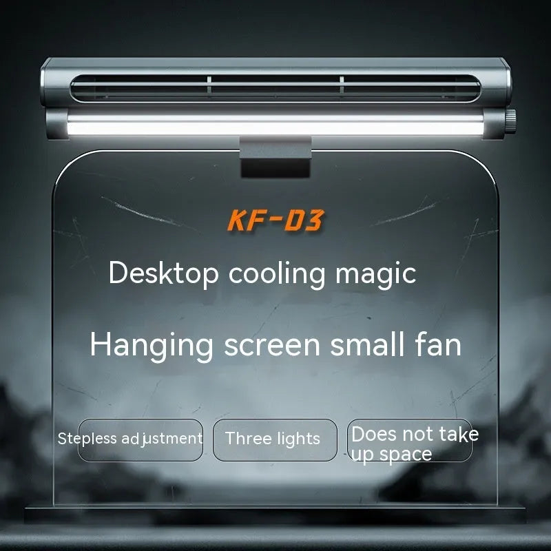 Black USB-powered clip-on bladeless fan with LED light attached to a laptop screen.