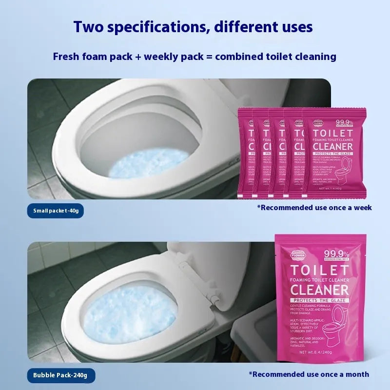 Toilet bubble descaling powder in blue ocean or pink floral fragrance, 240g bag or 5x40g box.