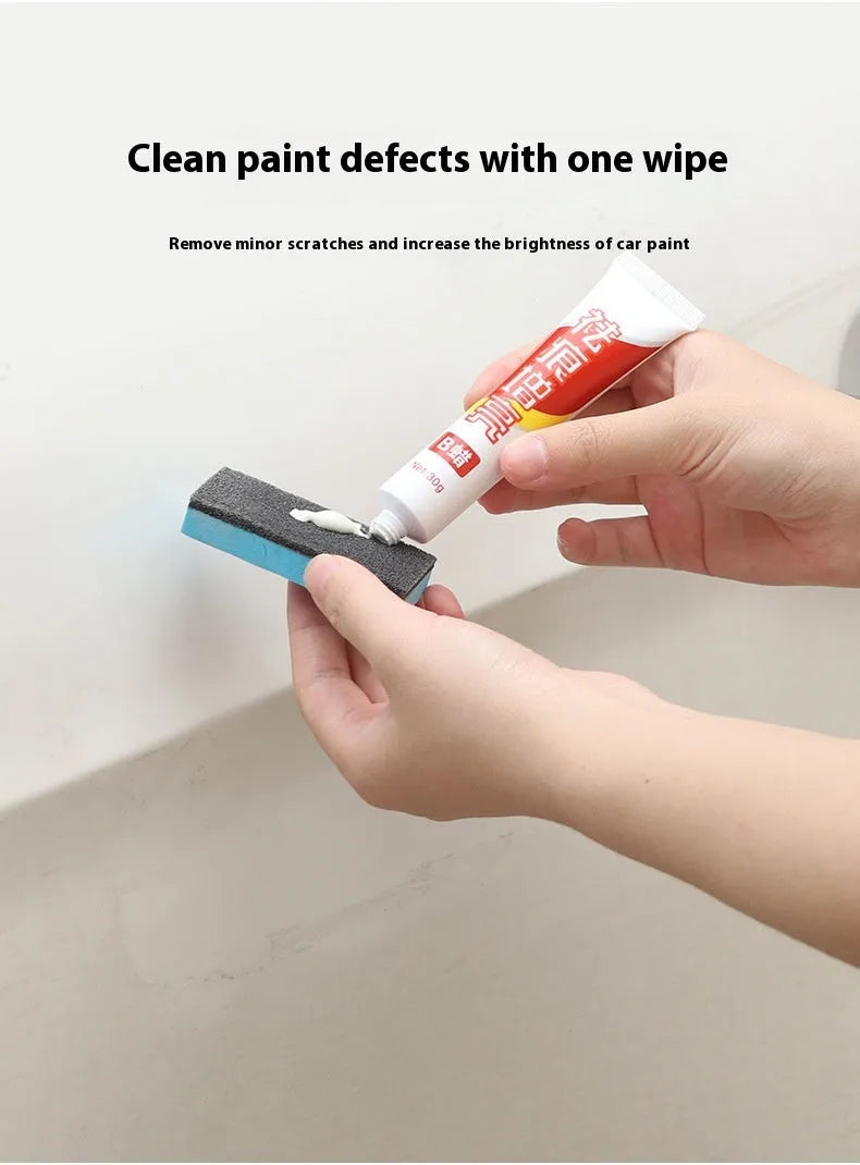 Car repair wax kit showing tubes of Grinding A Wax and Brightening B Wax next to a frosted sponge mop on a car bonnet.