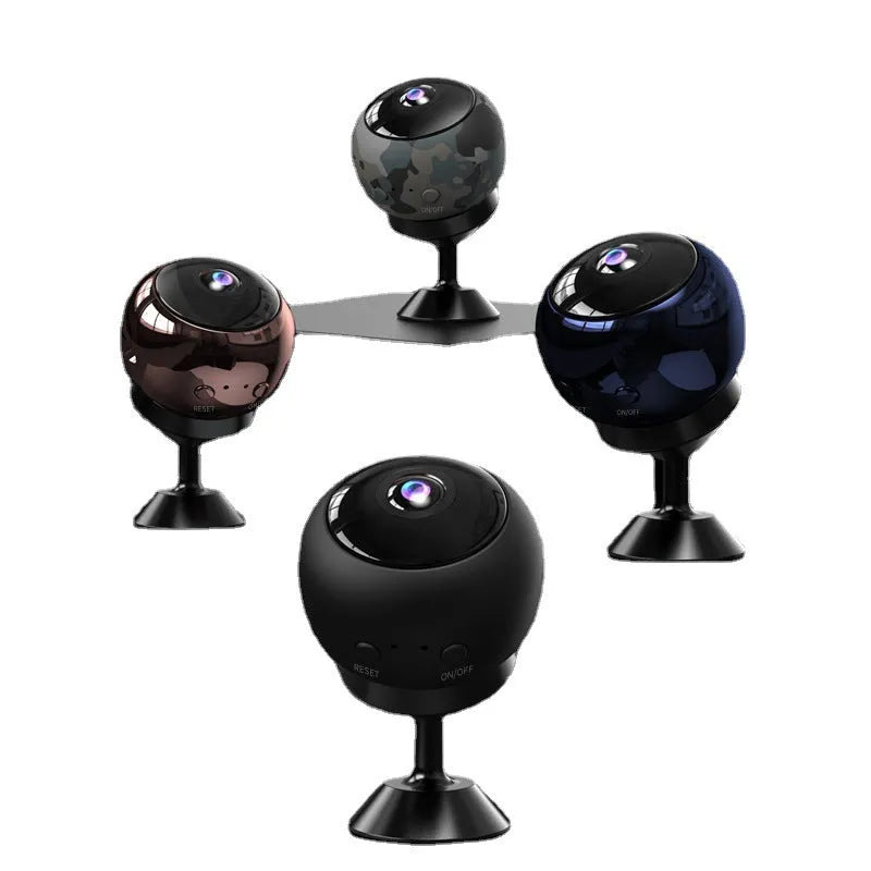 1080p wireless WiFi security camera with ABS housing and USB cable on a white background.