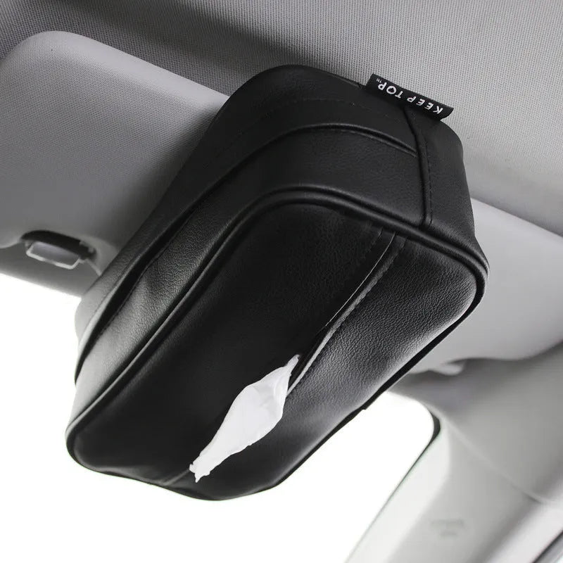 Black leather hanging storage organiser bag with strap for car or home use