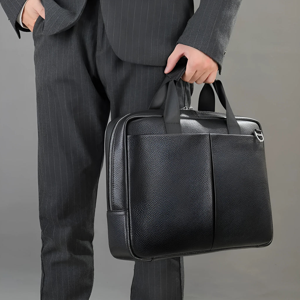 Genuine leather large capacity horizontal briefcase for men in black, first layer cowhide exterior with sewing line detailing