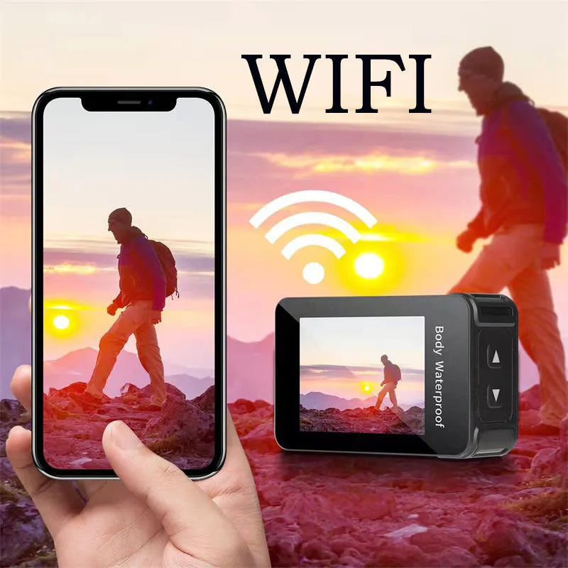 Black outdoor action camera with wide-angle lens, showing compact size and touch screen.