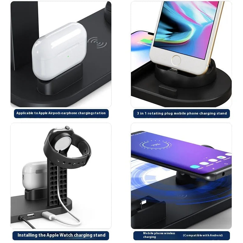 Universal desktop charging stand with 15W wireless phone charger, headset hook, and watch stand in black finish