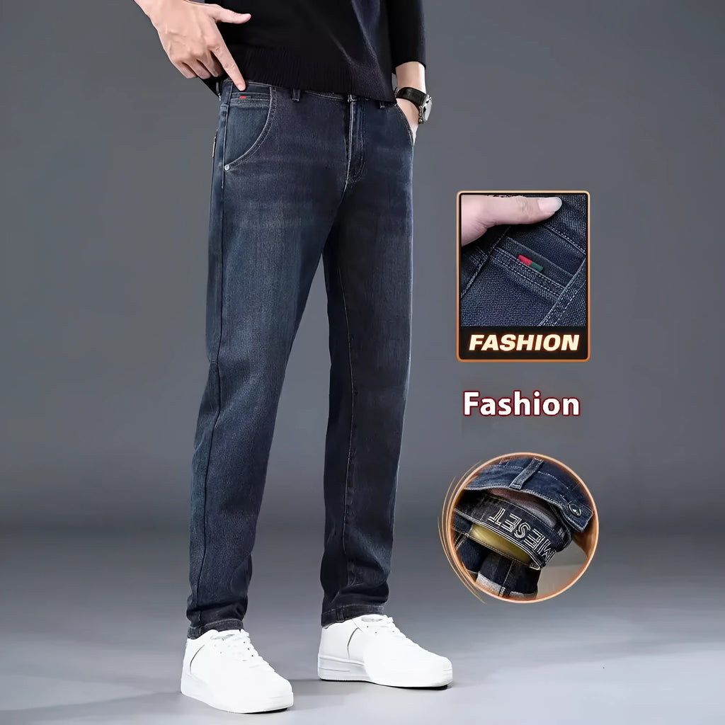 Blue grey slim straight casual trousers with elastic waist and zip fly on hanger