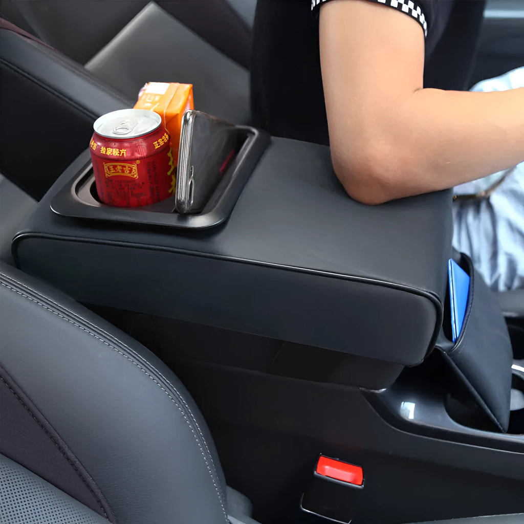 Beige leather car armrest box with cup holder and storage compartment, 35x20.5x7.5cm, universal fit