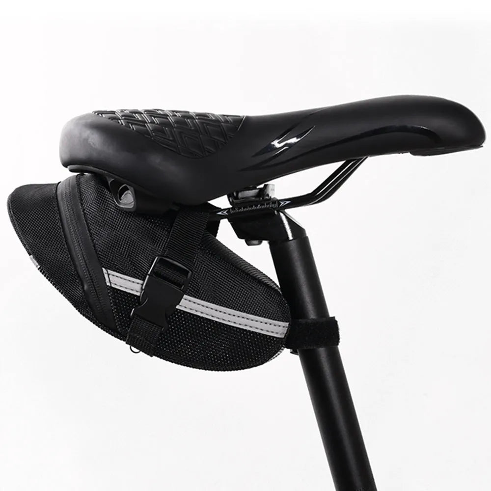 Black cycling tail bag with quick-release mounting for bicycle saddle
