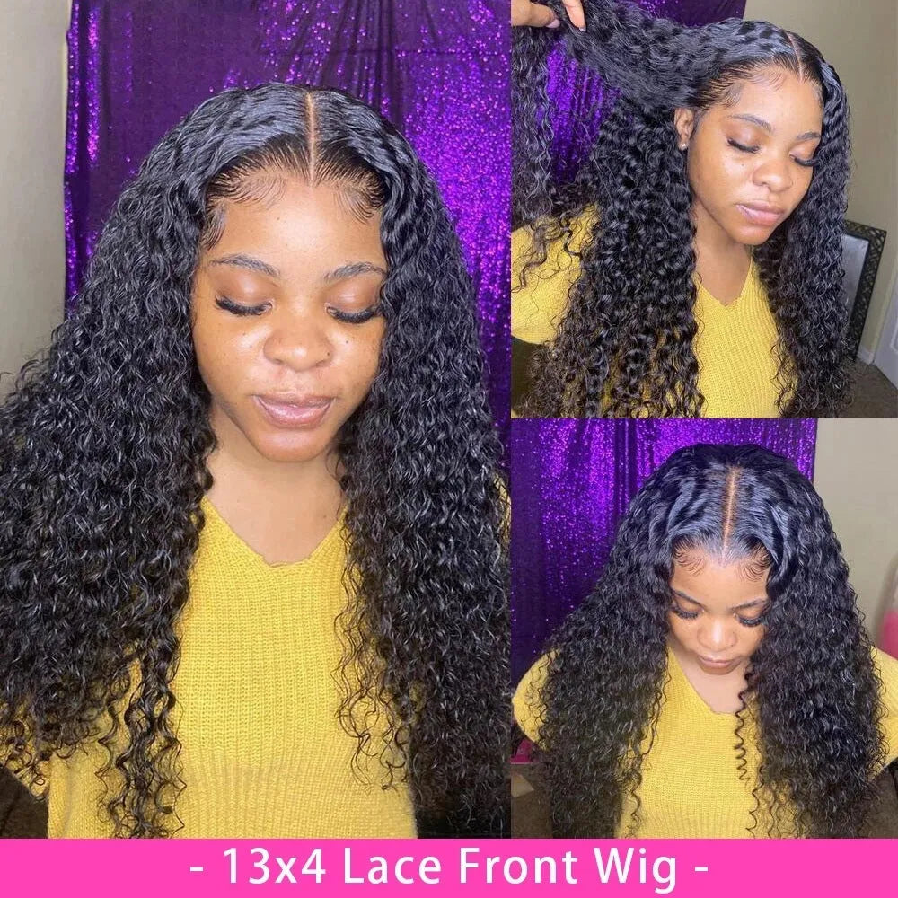 Curly human hair lace front wig shown in a natural shade, demonstrating its length and volume.