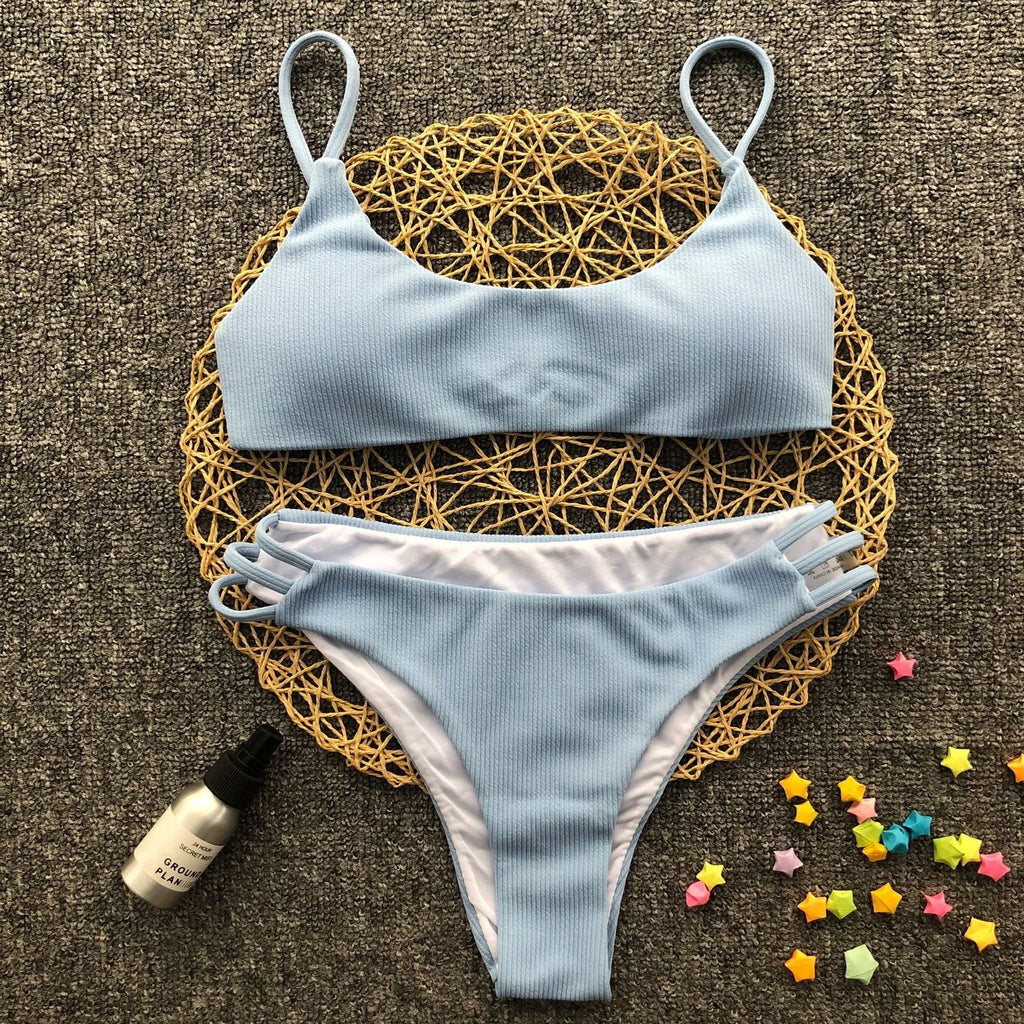 Blue solid colour striped bikini set for women with nylon polyester blend fabric