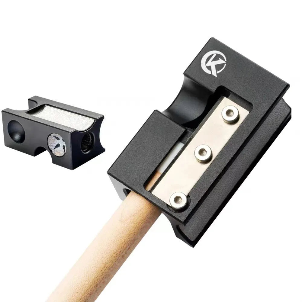 Matte black all-metal billiard cue leather tip repair tool on pool table