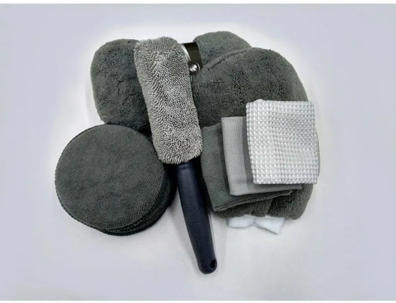 9-piece car wash kit with tire brush, wool glove, sponge block, two 280G/M2 towels, waffle cloth and three waxing cakes