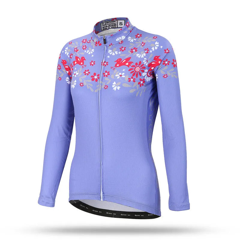 Women's long sleeve cycling jersey in polyester mesh close fit, Blue Wisp colour