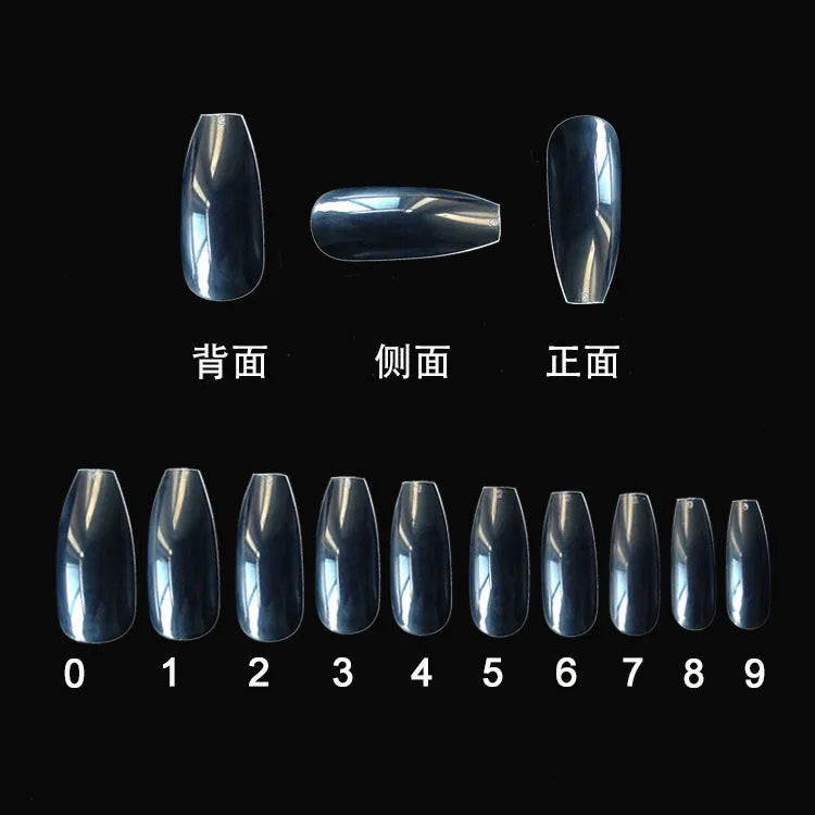500 transparent natural ABS artificial fake nails in 10 sizes for professional and home nail art.