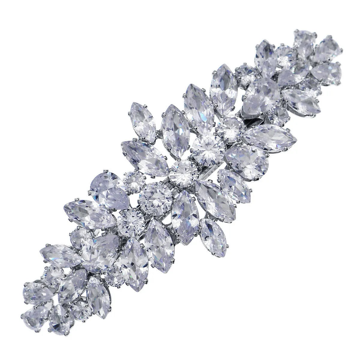Women's inlaid zircon spring clip barrettes with electroplated leaf design on a neutral background
