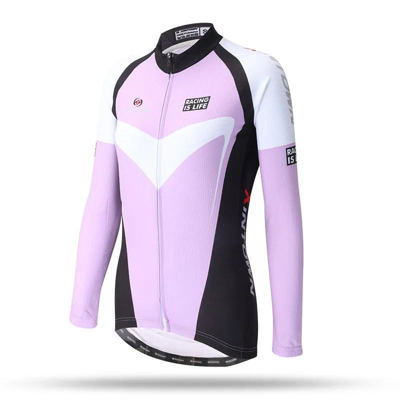Women's long sleeve cycling jersey in polyester mesh close fit, Blue Wisp colour
