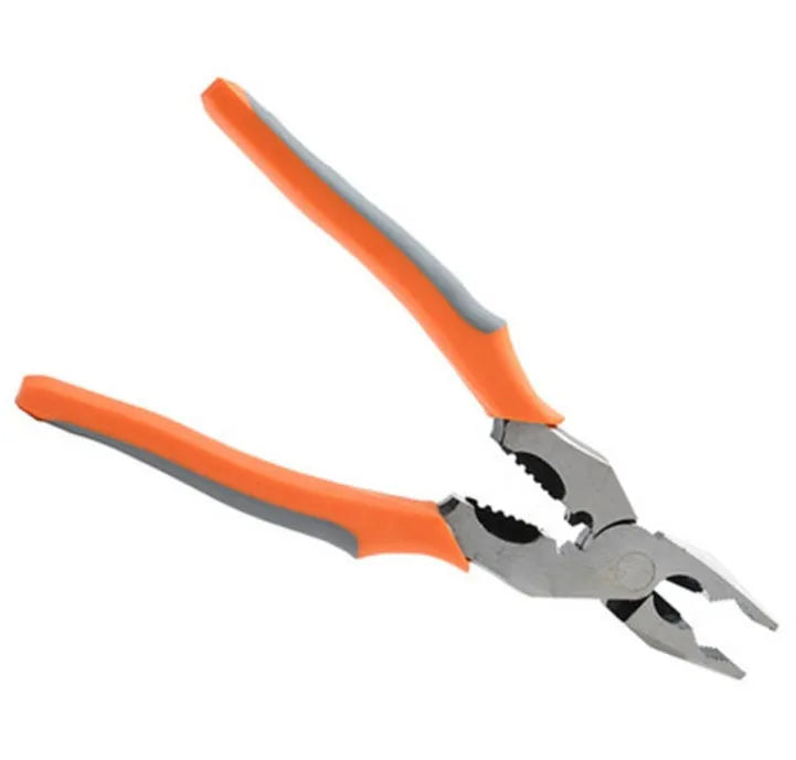 Orange-handled multi-function wire cutter pliers with chrome steel clamp head on a work surface.