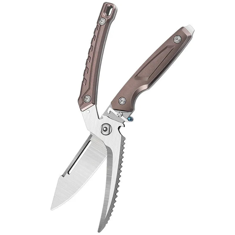 Pair of brown and silver multi-functional chicken bone scissors with high carbon steel blades, size 25 x 6.2cm