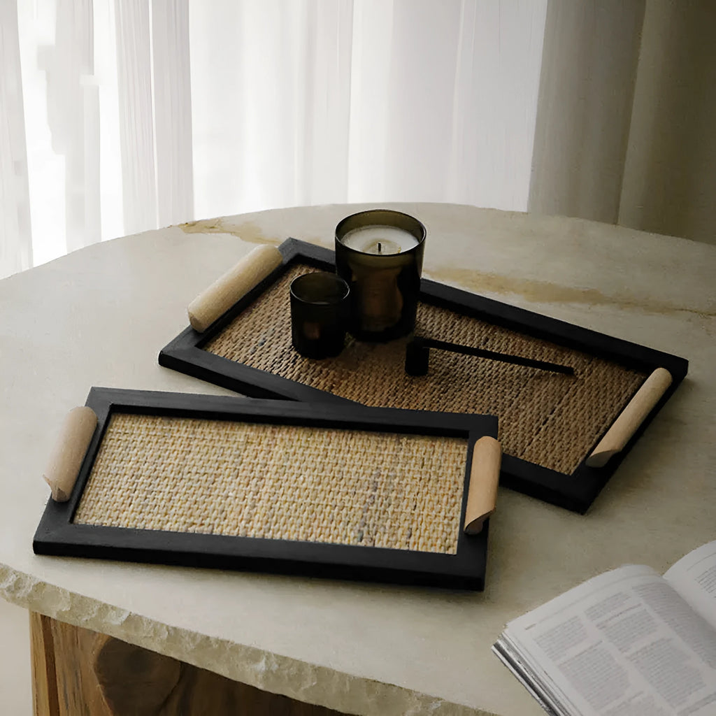 Pine wood dining tray with compartments shown in large and small size options