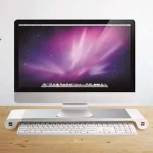 Aluminium computer monitor stand with 4 USB charging ports and keyboard storage space underneath