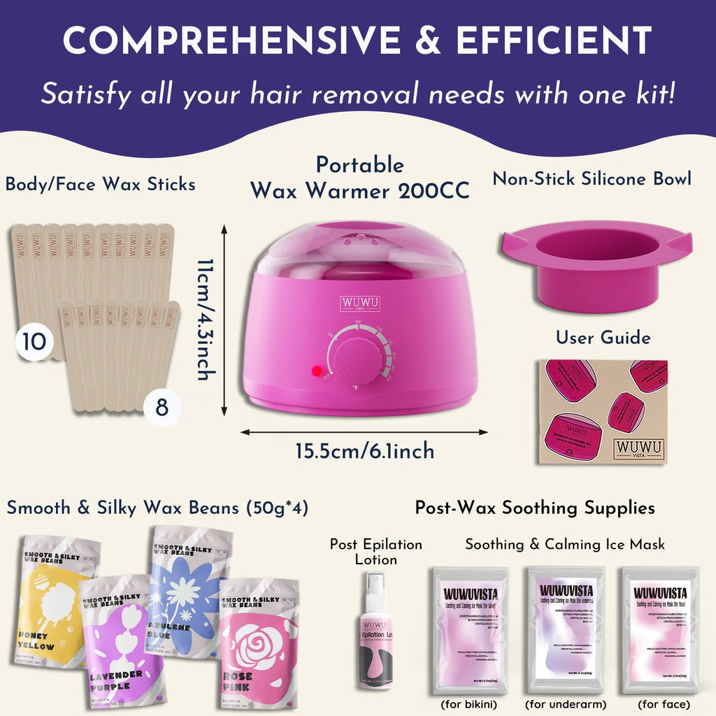 Gold-standard hard wax kit with black warmer, pink wax beads, applicator sticks, and aftercare bottles.