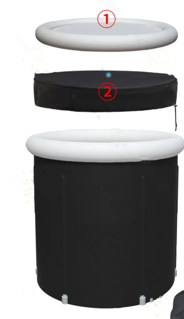 Black inflatable PVC portable ice bath tub with insulation and a fitted weather lid.
