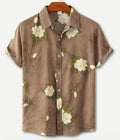 Hawaiian printing lapel short sleeve shirt with floral pattern and elastic polyester fabric