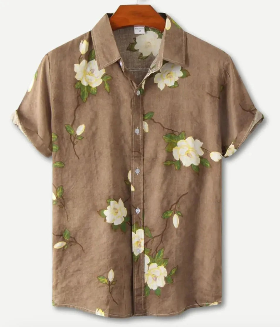 Hawaiian printing lapel short sleeve shirt with floral pattern and elastic polyester fabric