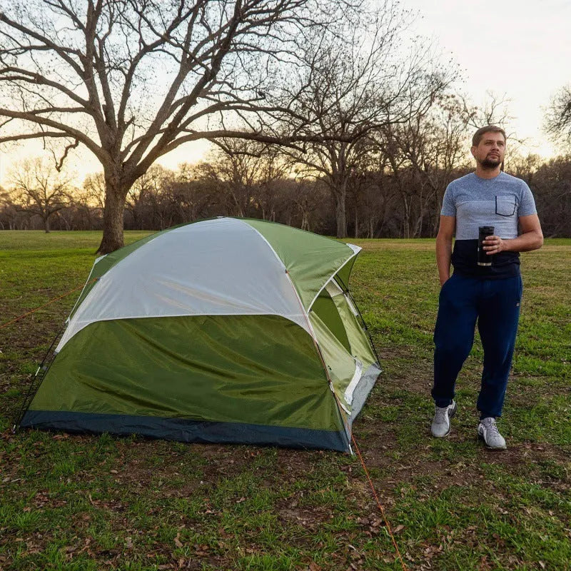 Orange portable camping tent for 2 persons set up outdoors with fibreglass poles and 190T B3 grid fabric