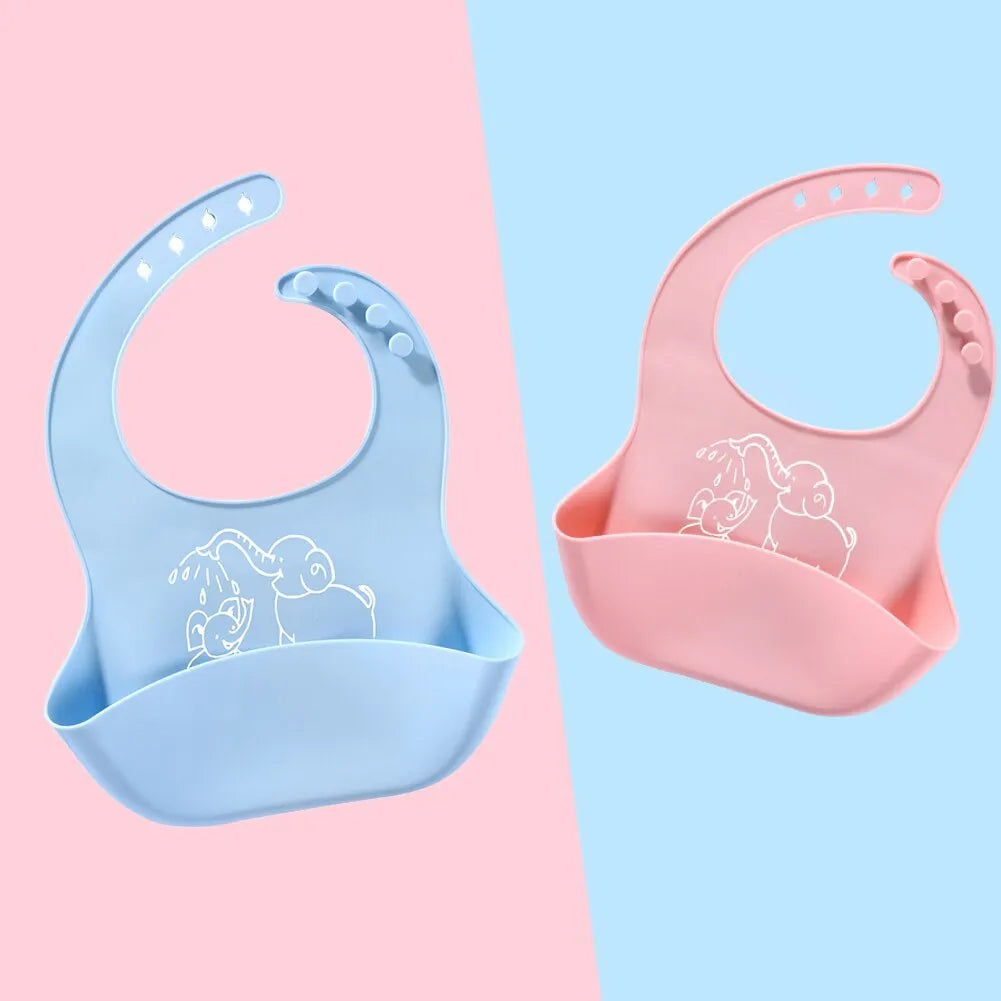 Baby food bib made of food-grade silicone in solid colour with White Elephant design, waterproof for ages 1-6
