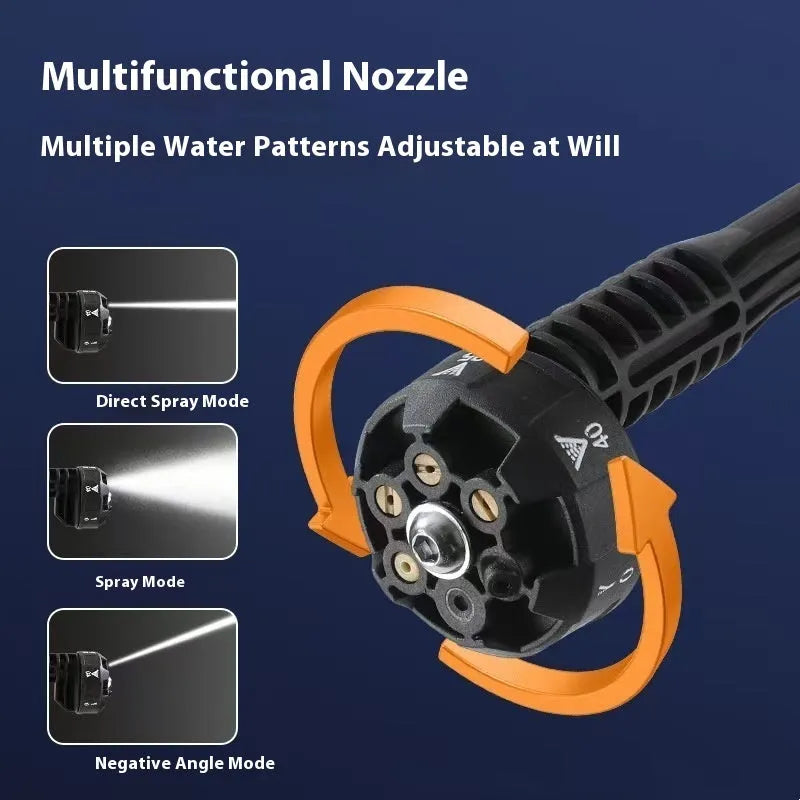Green wireless high-pressure water gun with metal head and six-in-one nozzle, next to its battery, charger, and accessories on a grey background.