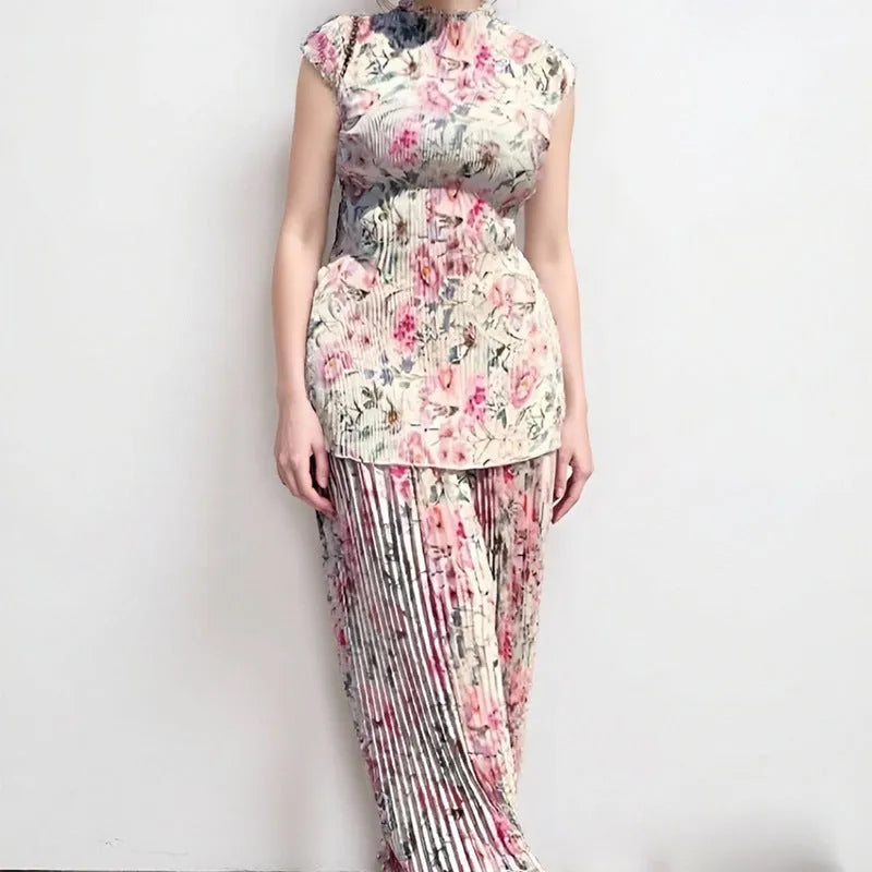 Long sleeve floral print chiffon dress and skirt set on a hanger.