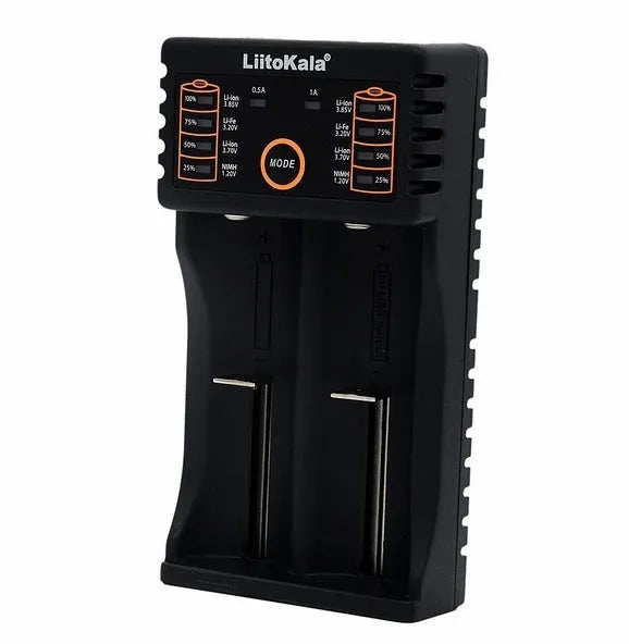 C20 lithium battery charger with two slots, LED display, and Micro USB input, shown with batteries