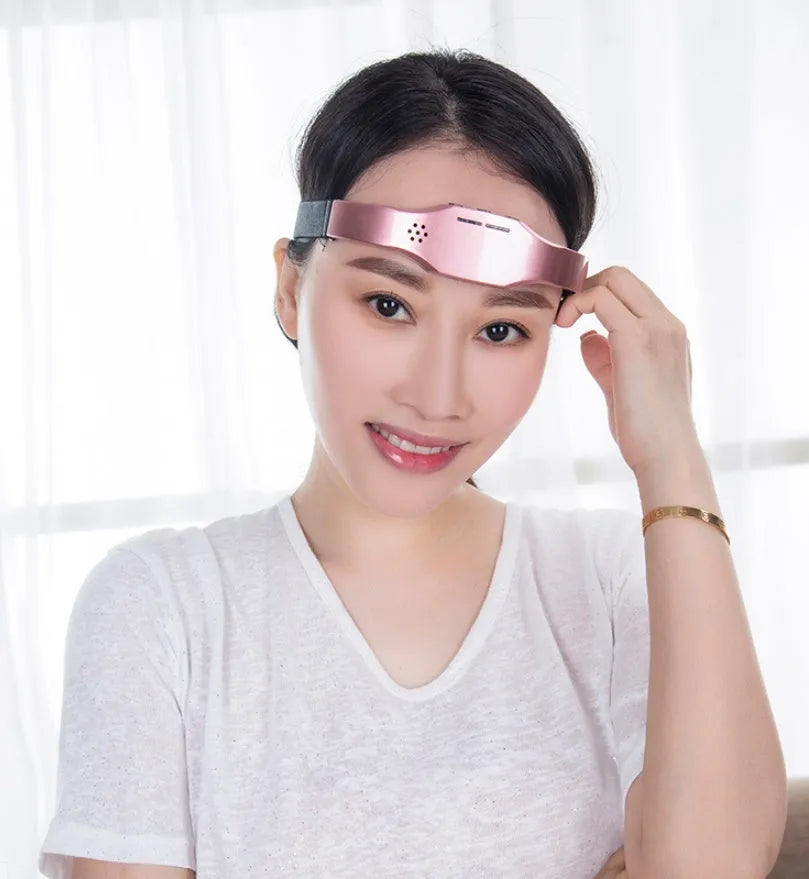 Wireless head massager in black with adjustable fasteners and electrode pads