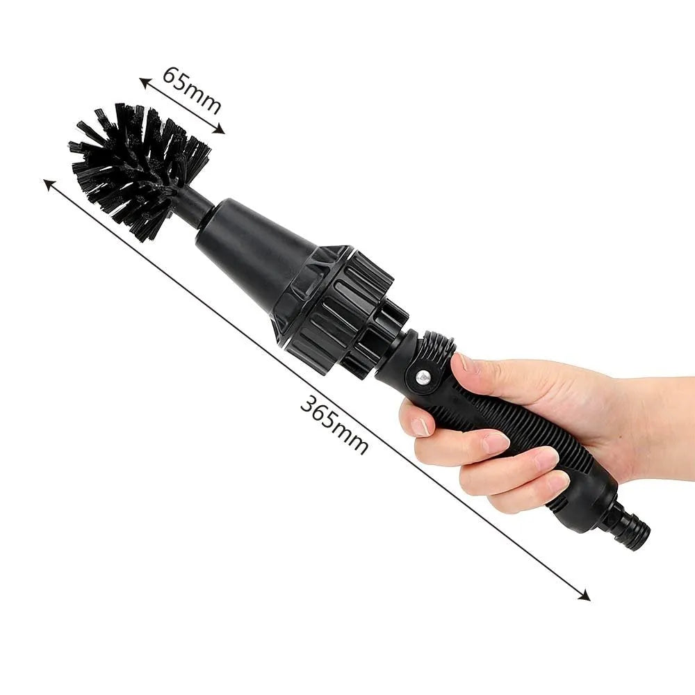 Water-driven rotary cleaning brush in black and yellow for car tyre and wheel cleaning with garden hose