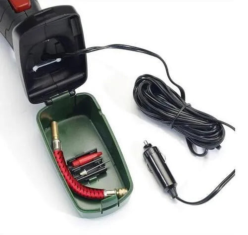 12V portable air compressor in plastic nylon and ABS housing, dimensions 18 x 8 x 25 cm, weight 720g