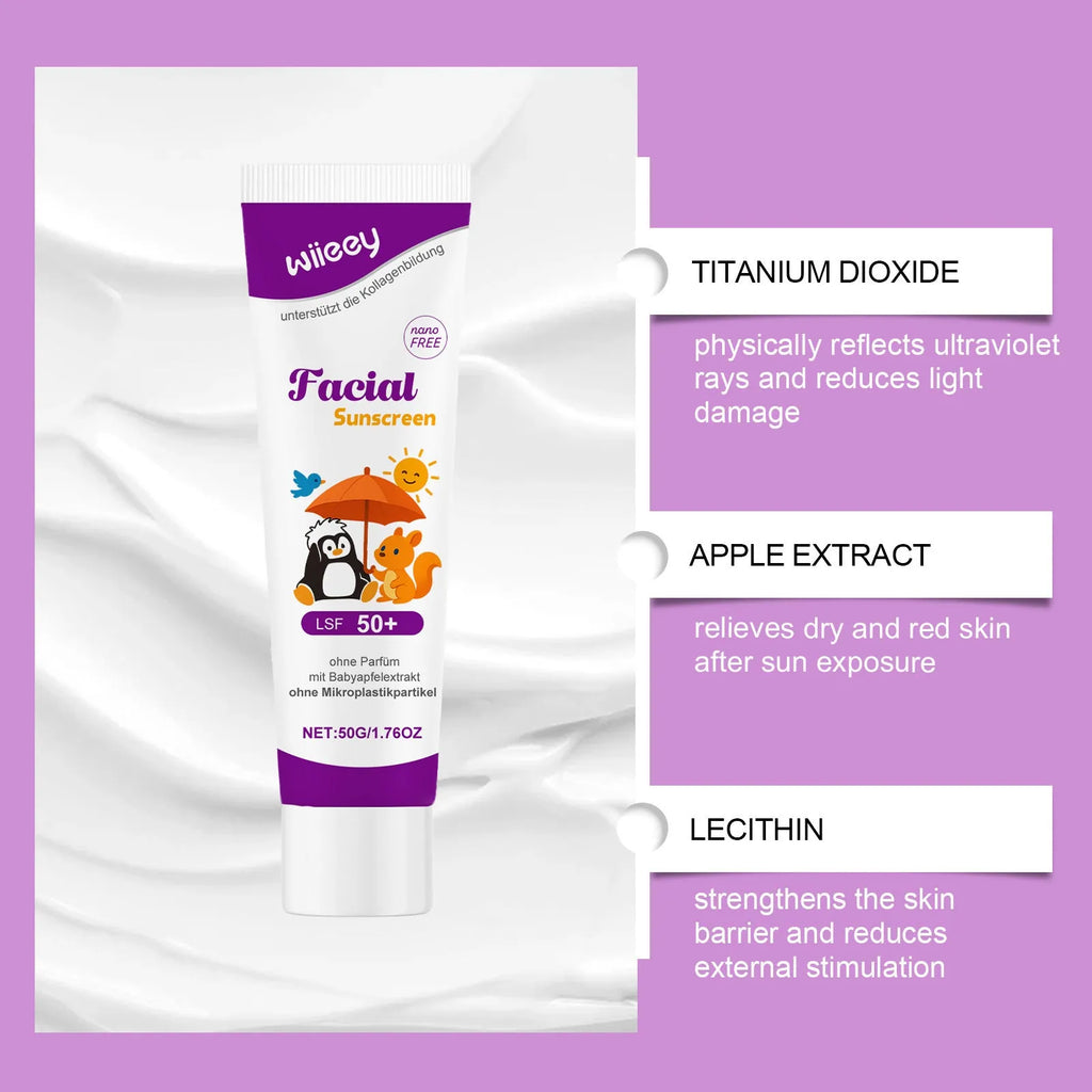 50g tube of SPF 50+ PA++++ sunscreen cream with Titanium Dioxide and Apple Extract formula