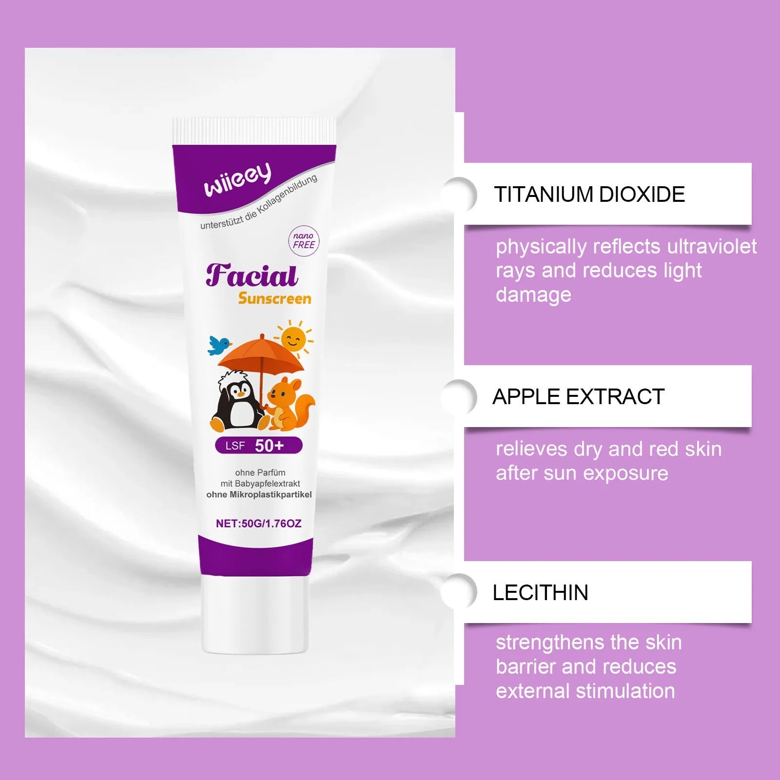 50g tube of SPF 50+ PA++++ sunscreen cream with Titanium Dioxide and Apple Extract formula