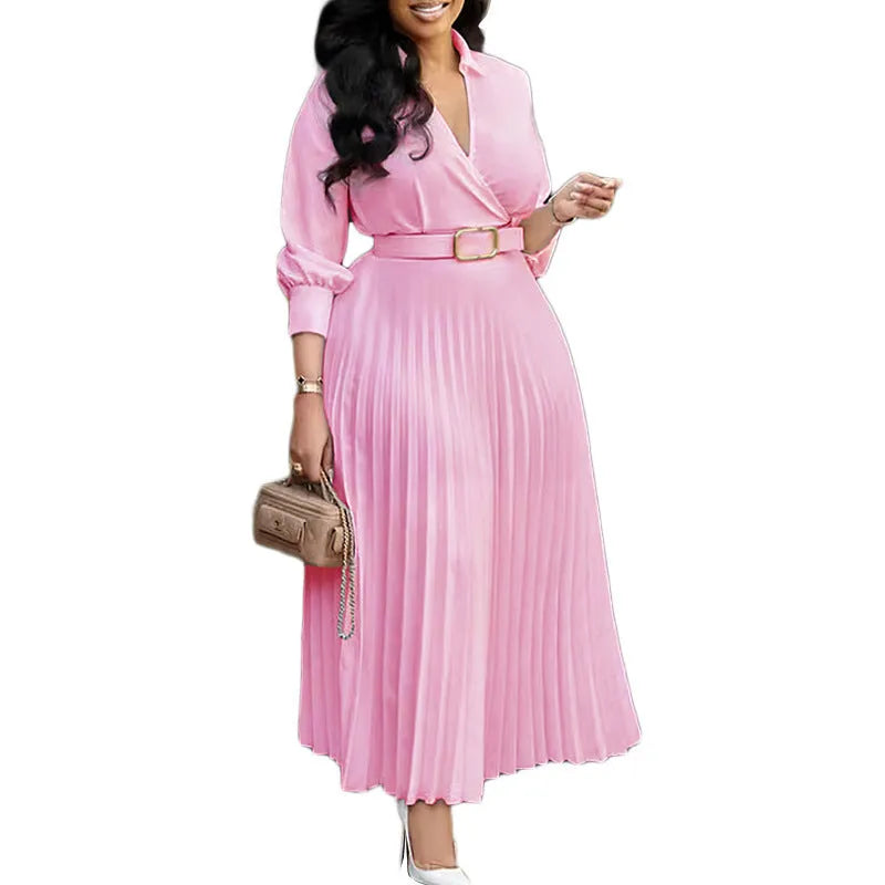 Women's polo collar pleated midi dress in an A-line swing silhouette with 3/4 sleeves.