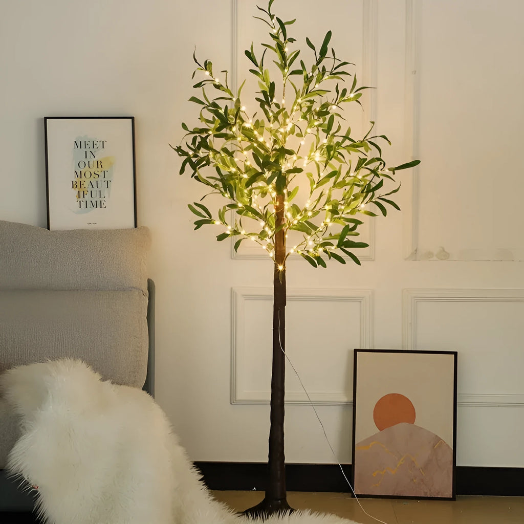 1.8 metre tall artificial olive tree lamp with warm white LEDs lit up, suitable for courtyard or garden decoration.